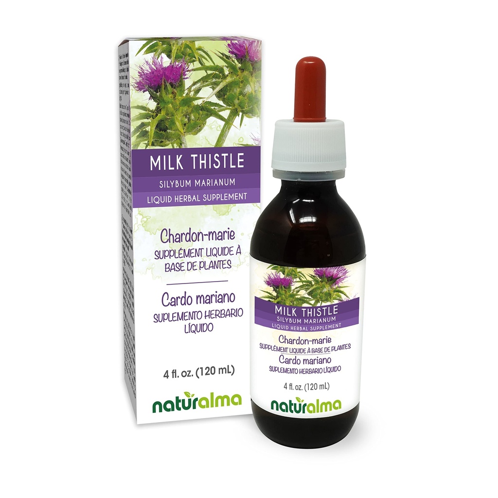 Naturalma Milk Thistle (Silybum marianum) Frutas e ervas sem álcool Tintura - 4 fl oz Extrato líquido em gotas - Suplemento de ervas - Vegan