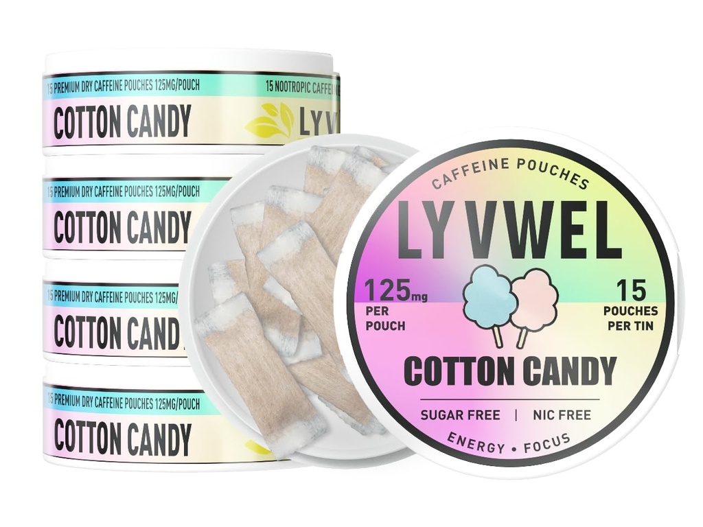 LyvWel 125mg Caffeine Energy Pouches – Energia Limpa com Guarana para Foco & Estamina – 5-Pack (75 Total Pouches) (5 Pack, Algodão Doce)