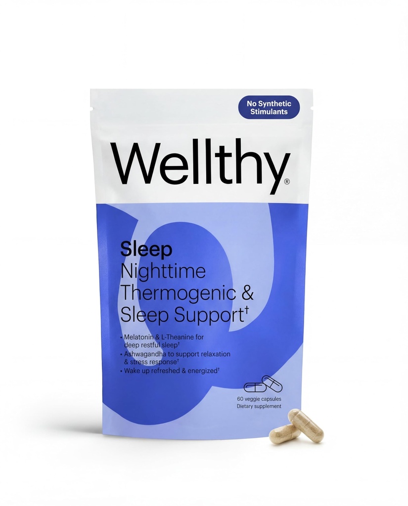 Wellthy Night Time Thermogenic - Vitamina B6, Ashwagandha & Melatonina - Nighttime Thermogenic para as mulheres - Belly Thermogenic - Suplementos de perda de peso natural para as mulheres, 60ct