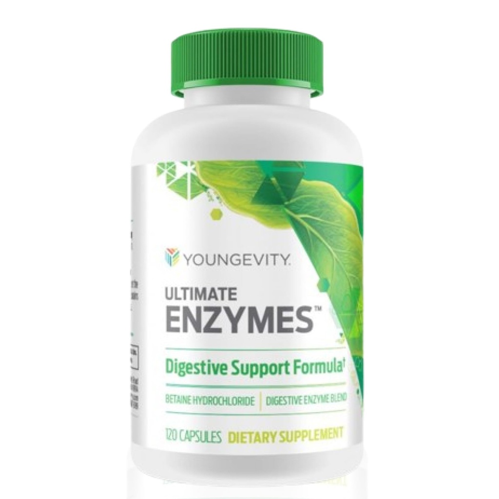Youngevity Ultimate Ezymes® - Multi Enzimas para Digestão, Gás e Alivio Bloating - Betaine HCl, Ox Bile, Pancreatina 10X, Papain 6M, Pepsin 1/3000 (120 cápsulas)