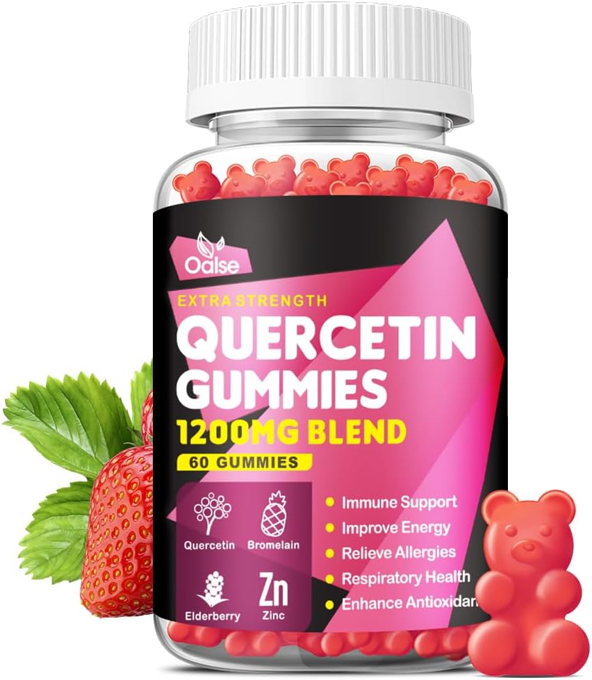 Quercetin Gummies 1200mg - Quercetin com Vitamina C e Zinco, Bromelaína, Elderberry, Vitamina D3 - Quercetin Suplementos para Crianças e Adultos Imunidade e Alergia Suporte
