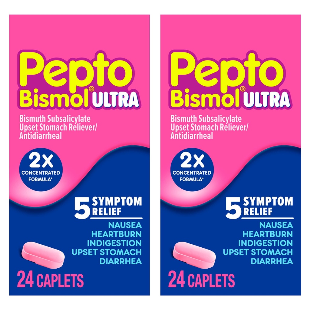 Pepto Bismol ULTRA Caplets, alívio estomacal irritado, alívio das náuseas, alívio da azia, alívio da indigestão, medicação anti diarréia para adultos - 5 alívio do sintoma, 48 ct (2x24 ct)