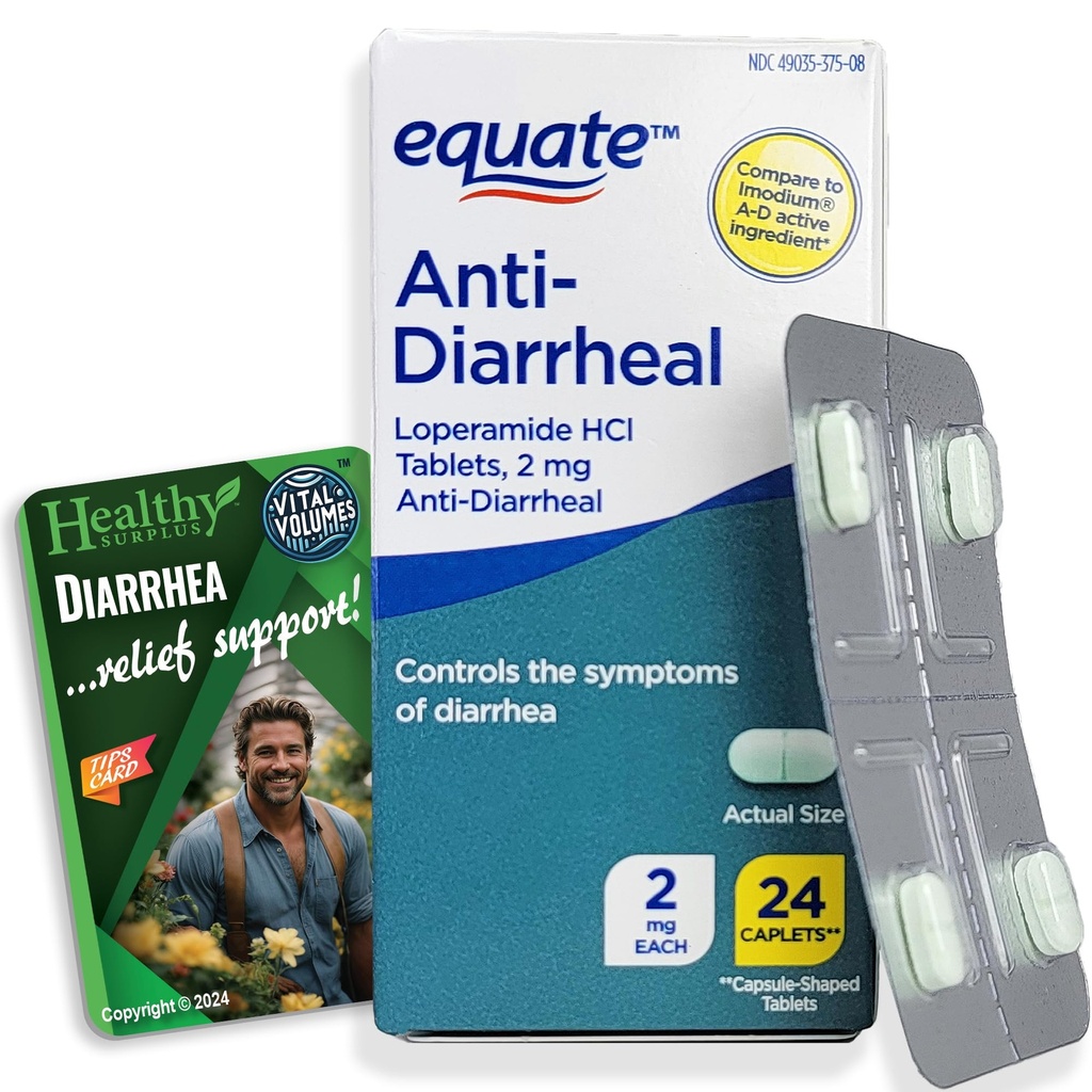 Excedente saudável Equate Anti-Diarreia Loperamida HCI 2 mg 24 Caplets e Volumes Vitais Dicas Cartão