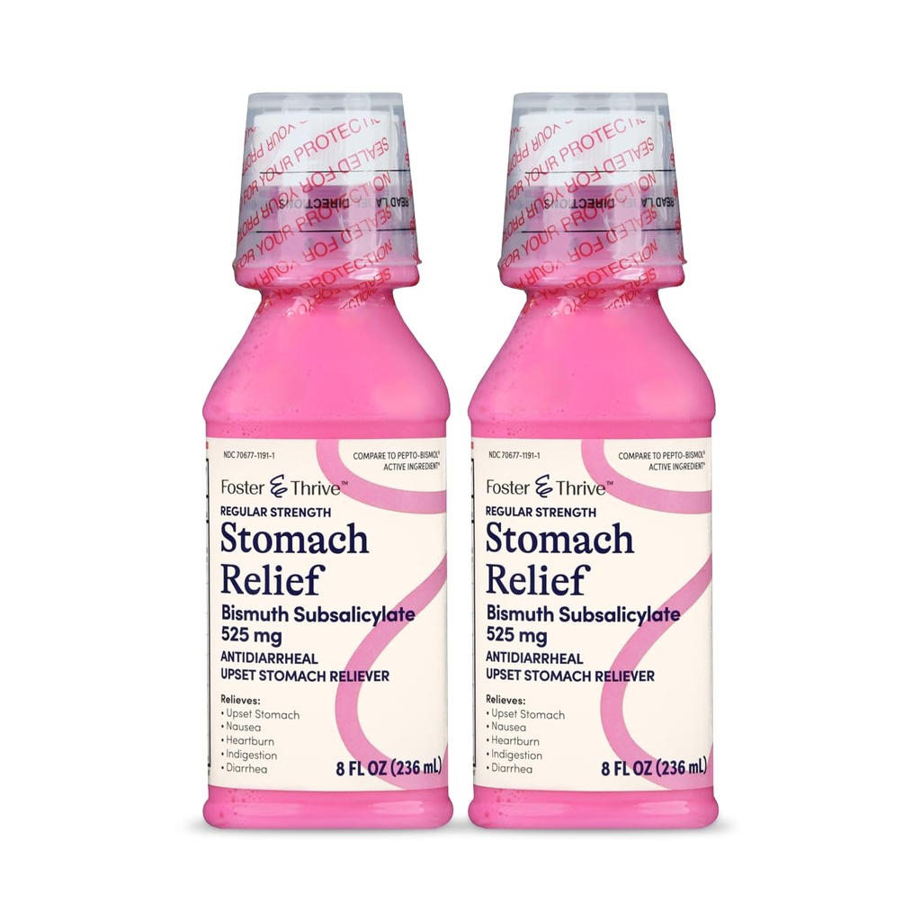 Líquido de alívio do estômago Foster & Thrive para Náuseas, Azia, Indigestão, Estômago aborrecido, Diarréia - Alívio Rápido para 5 Sintomas, Antidiarreia, Subsalicilato de Bismuto 525 mg, Original, 8 onças (Pack of 2)