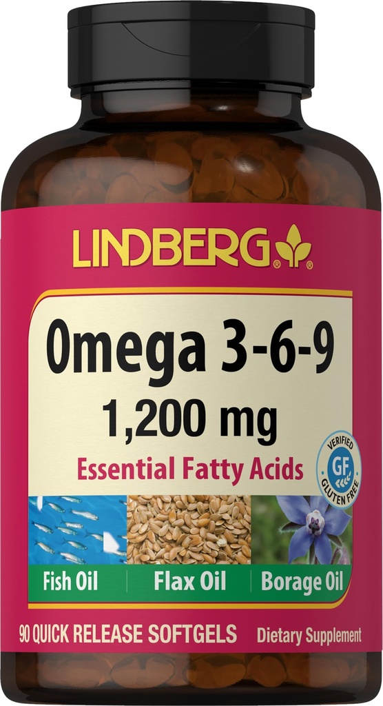 Lindberg Ômega 3 6 9 Suplementos □ 1200mg □ 90 Softgels □ Ácidos Gordos Essenciais com Peixe, Flax e Óleo de Borage