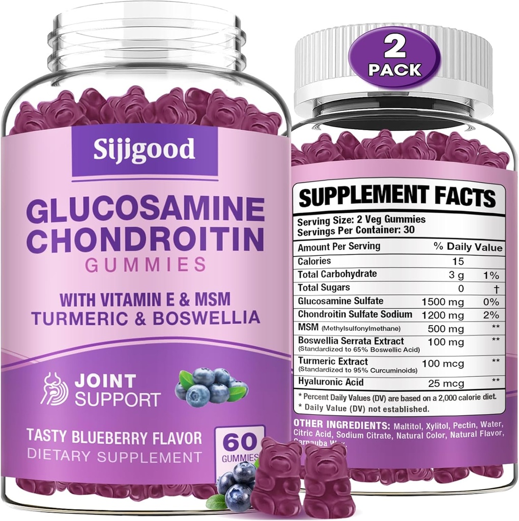 2 Pacote Glucosamina Condroitina Gummies, Força extra Glucosamina Condroitina HSH com Elderberry & Turmeric, Saúde Conjunta, Flexibilidade, Antioxidante, Imune para Adultos-Blueberry Flavored, 120 Gummies