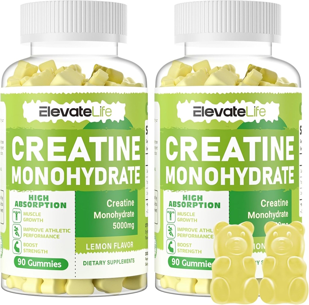 ElevaçãoVida Creatina Gummies mono-hidratada 5g para homens Mulheres - Suplemento mastigável sem açúcar. 180 Gummies Limão