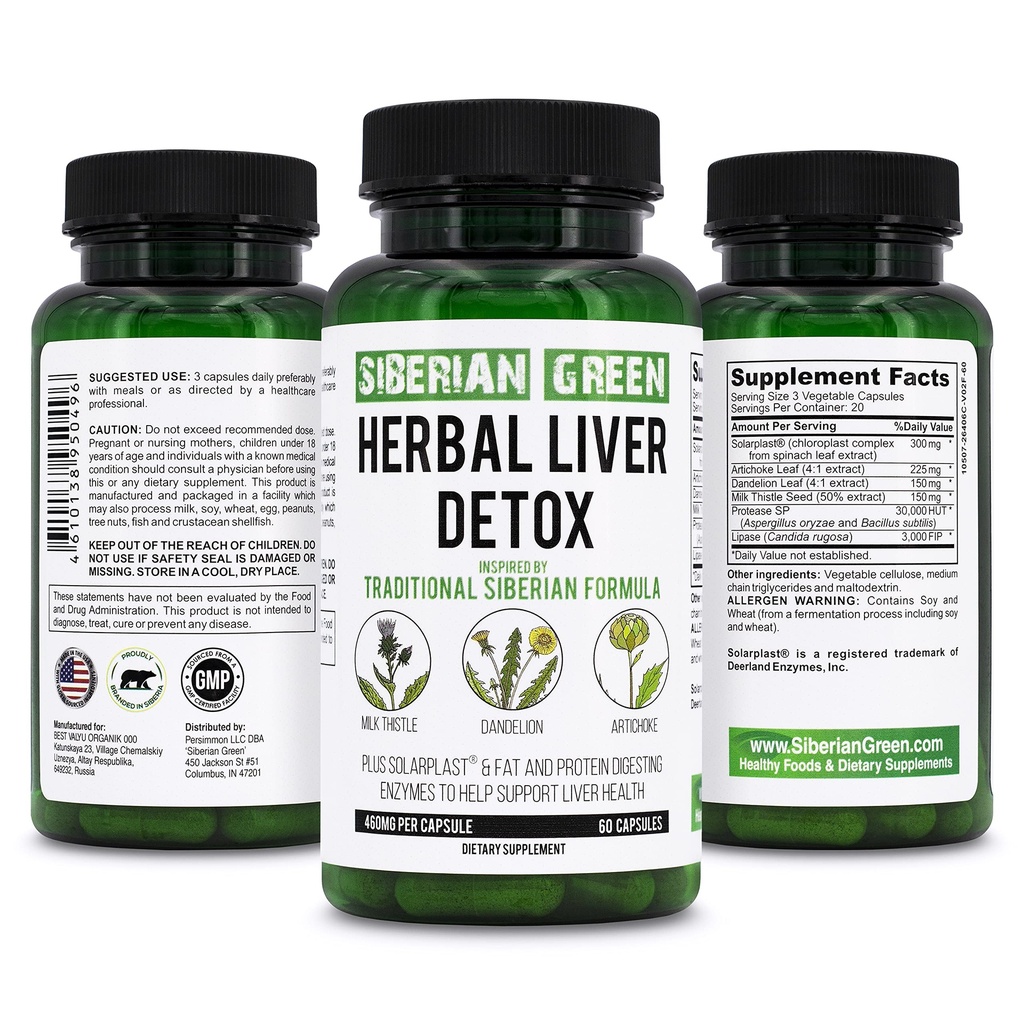 Detox de fígado de ervas verde siberiano com alcachofra de cardo de leite Dandelion 60 Cápsulas – Fórmula siberiana tradicional Plus Enzimas para apoiar a saúde do fígado
