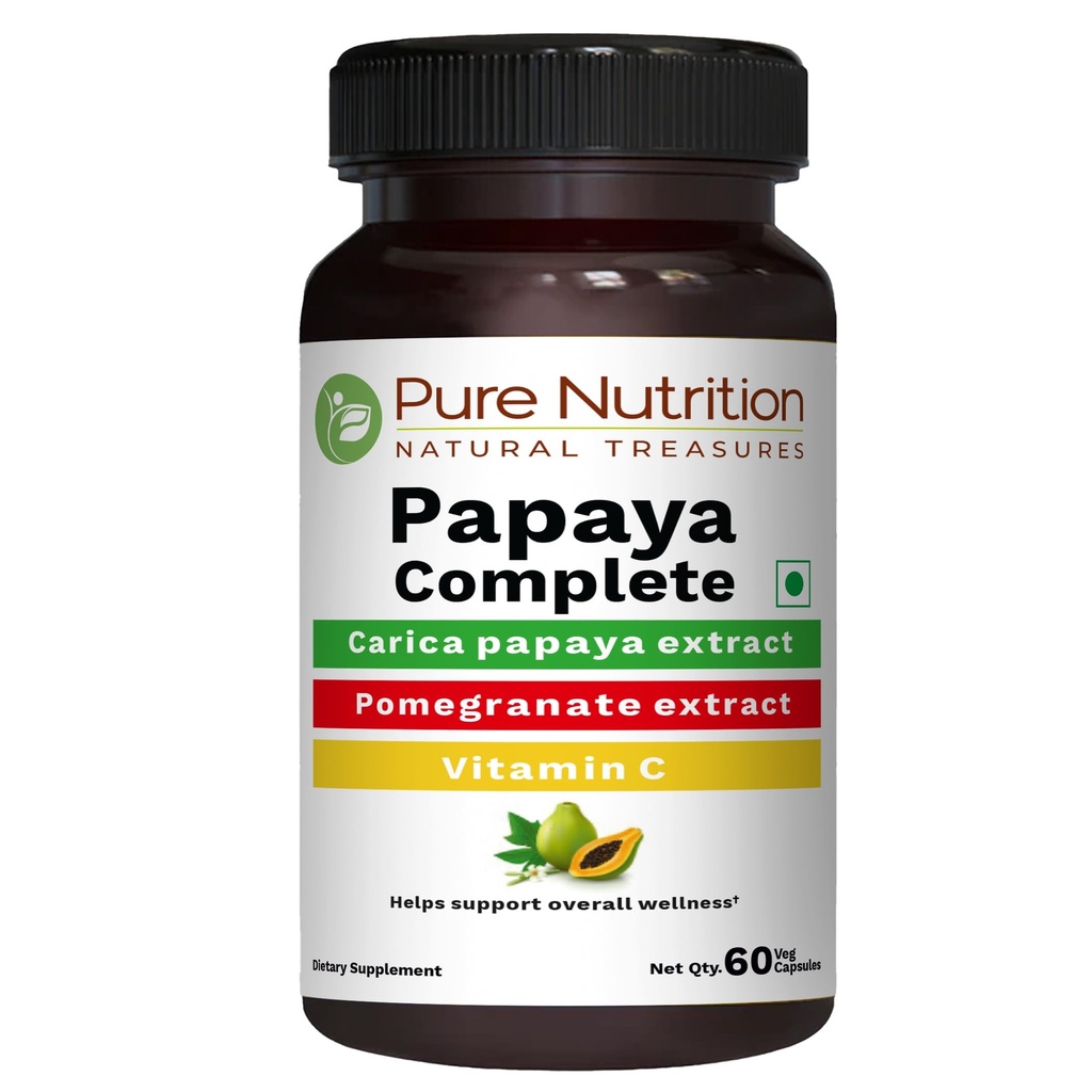 Pure Nutrition Papaya Complete - 60 Veg Cápsulas (Supports Platelet Immunity & Digestion) Cada cápsula contém 500mg Carica Papaya Fruit and Leaf Extract. Não-GMO, sem glúten