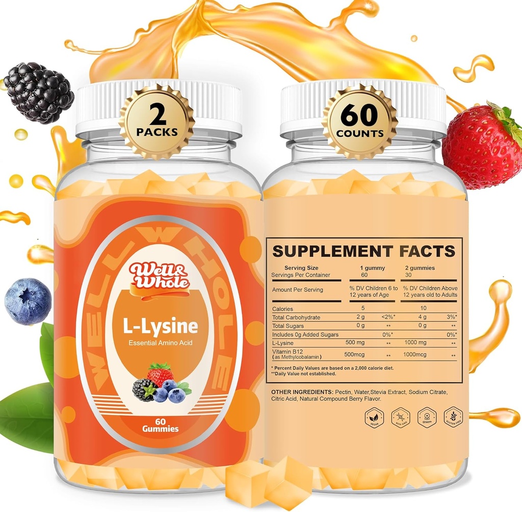 L-Lysine Gummies 1000mg - L-Lysine Suplementos para Crianças e Adultos - Lip e Soro Frio* Suporte para Mulheres - Mastigável Lisina Gummies com Vitamina B12 - Vegan, Não OGM, Sem glúten, 120 Condes