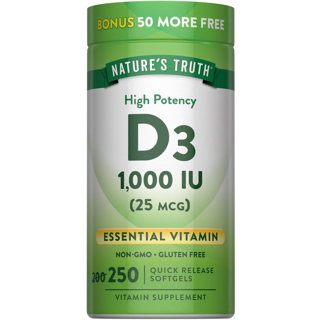 Nature's Truth D3 1000 UI 250 Softgels □ Vitamina D Essencial Não-GMO & Suplemento sem glúten