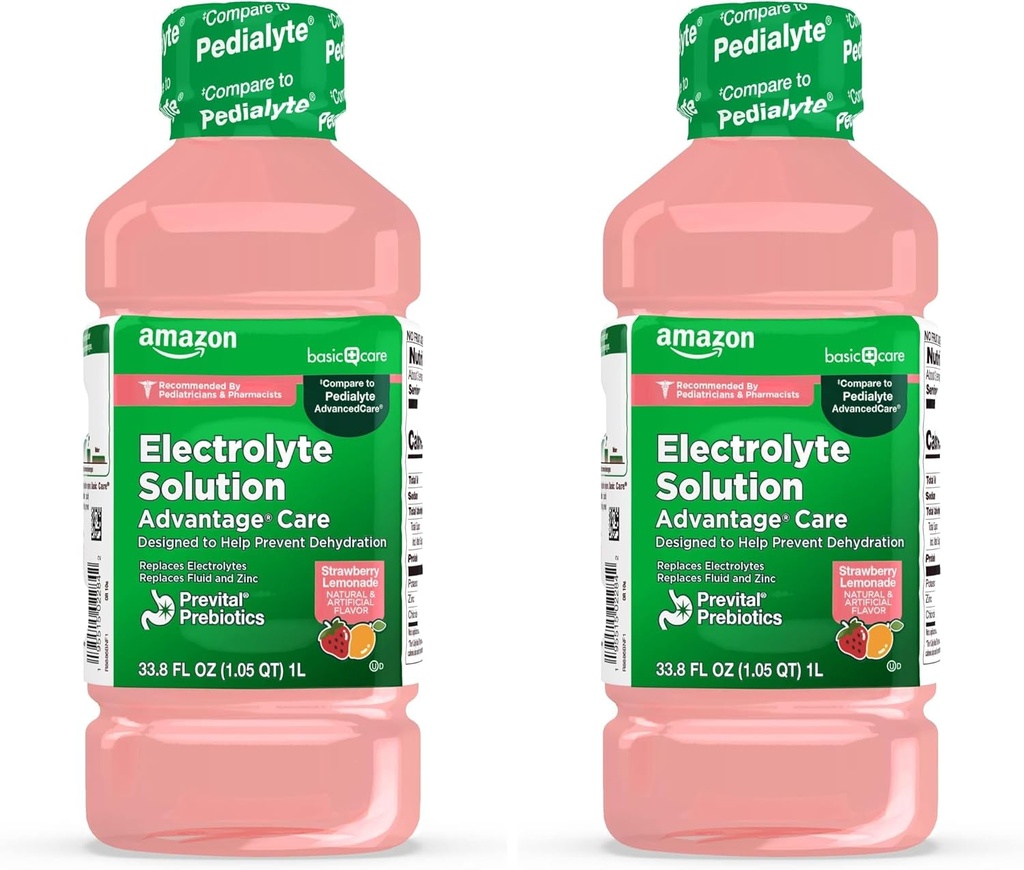 Solução de Eletrolítico de Cuidados Básicos com Prebióticos Prevital, Limonada de Morango, Bebida de Hidratação, Eletrolíticos Repovoados, Fluido e Zinco, 33.8 Fl Oz (Pacote de 2)