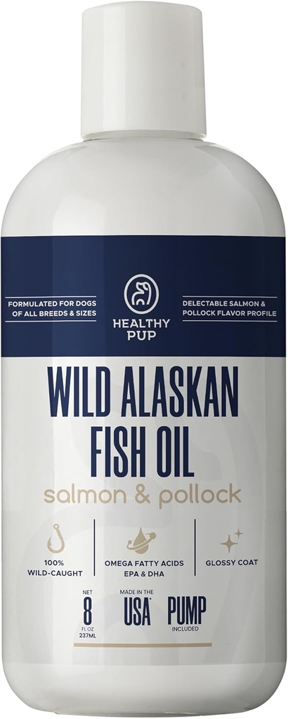 Óleo de salmão selvagem do Alasca para cães com Pollock - 8 onças de Pollock e óleo de salmão, Omega 3, EPA, e DHA - Cães Pele e casaco Suplemento - Made in USA