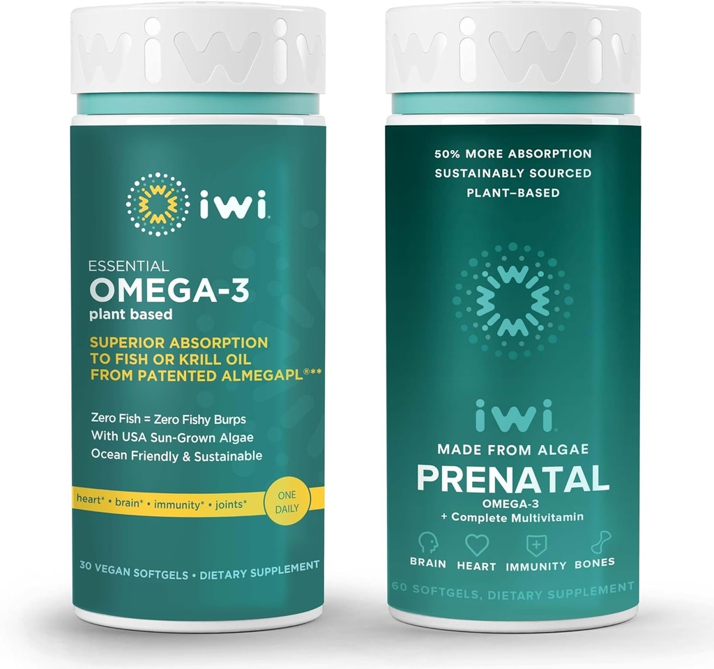 Iwi Omega-3 Essential & Prenatal Multivitamin Bundle, 30 Servings, Vegan Planta-baseada Algas Omega 3, Krill & Fish Oil Alternative, Sem gosto de peixe