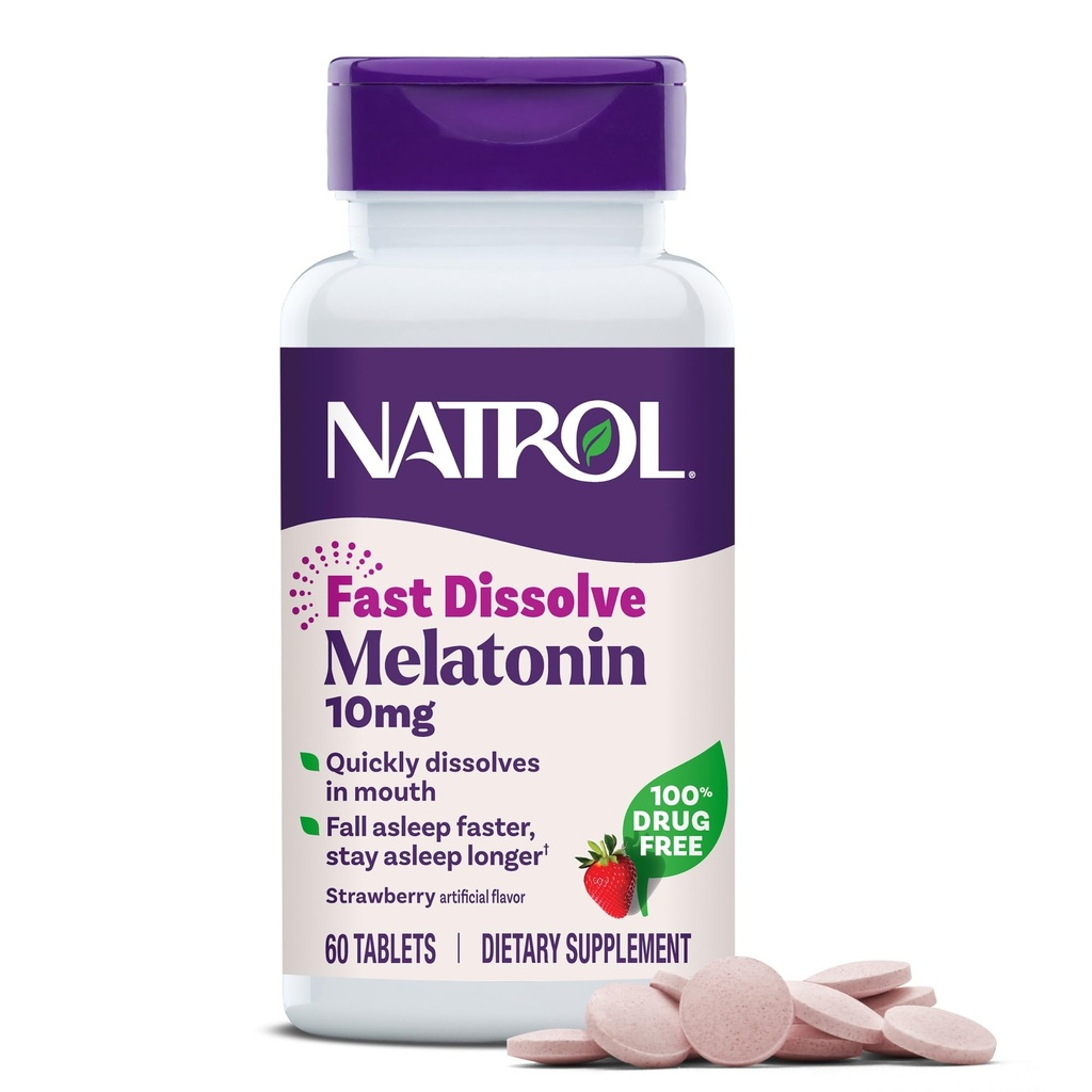 Natrol Melatonina 10mg Comprimidos de dissolução rápida - Morango Flavor, 60 Conde, Apoio ao Sono, Melatonina de dissolução rápida para adultos, Fornecimento de 60 dias