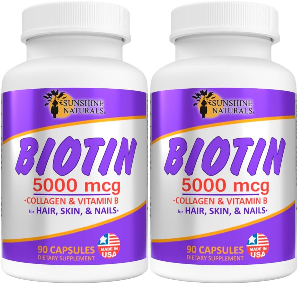 Sunshine Naturals Biotin Suplemento dietético. para pele mais saudável, cabelo mais espesso, crescimento de unhas. Colágeno, Vitamina A, B para perda de cabelo, beleza, renovação celular, saúde do escalpe. 5000 mcg. 90 Cápsulas. Embalagem de 2