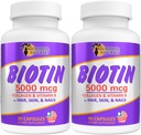 Sunshine Naturals Biotin Suplemento dietético. para pele mais saudável, cabelo mais espesso, crescimento de unhas. Colágeno, Vitamina A, B para perda de cabelo, beleza, renovação celular, saúde do escalpe. 5000 mcg. 90 Cápsulas. Embalagem de 2