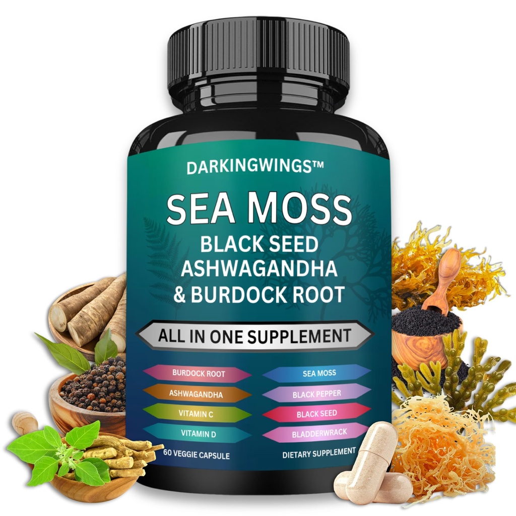 Sea Moss Advanced - Sea Moss 3000mg Black Seed Oil 2000mg Ashwagandha 1000MG Bladderwrack 1000mg Burdock 1000mg & Vitamina C Vitamina D3 para a pele Suplementos de cabelo
