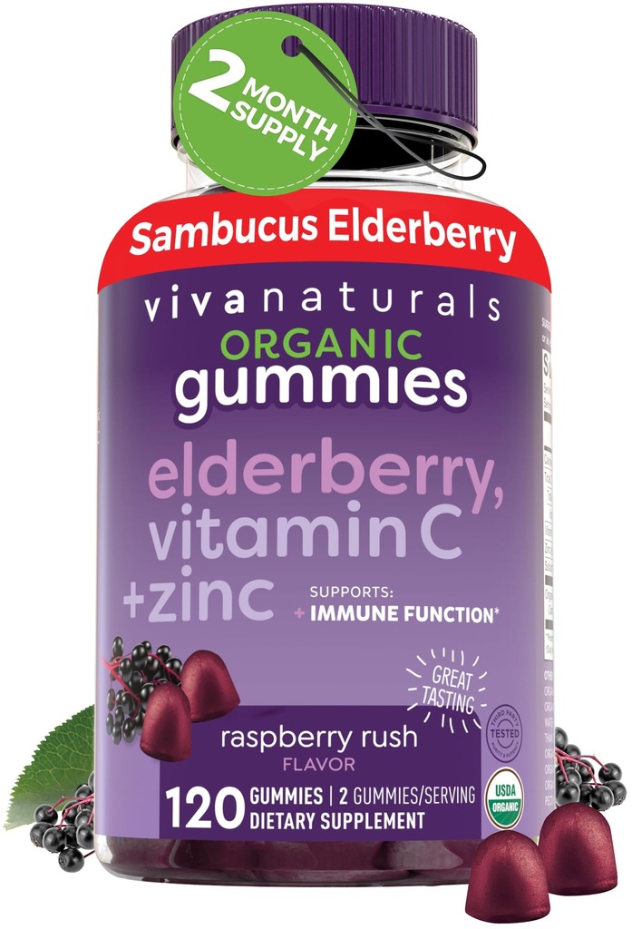 Viva Naturals Sambucus Orgânico Elderberry Gummies para Adultos (120 Count) - 3in1 Black Elderberry Vitamina C e Zinc Imune Supply Gummies, Chewable Elderberry Supplements, Zinc Immunity Gummies