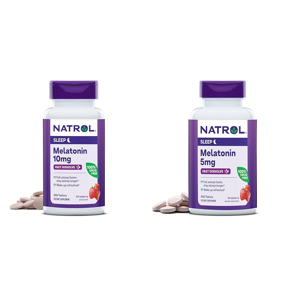 Natrol Melatonina 10mg 200 Comprimidos e 5mg 200 Comprimidos Morango-Flavorado Rápido-Dissolve Suporte ao sono Suplemento dietético