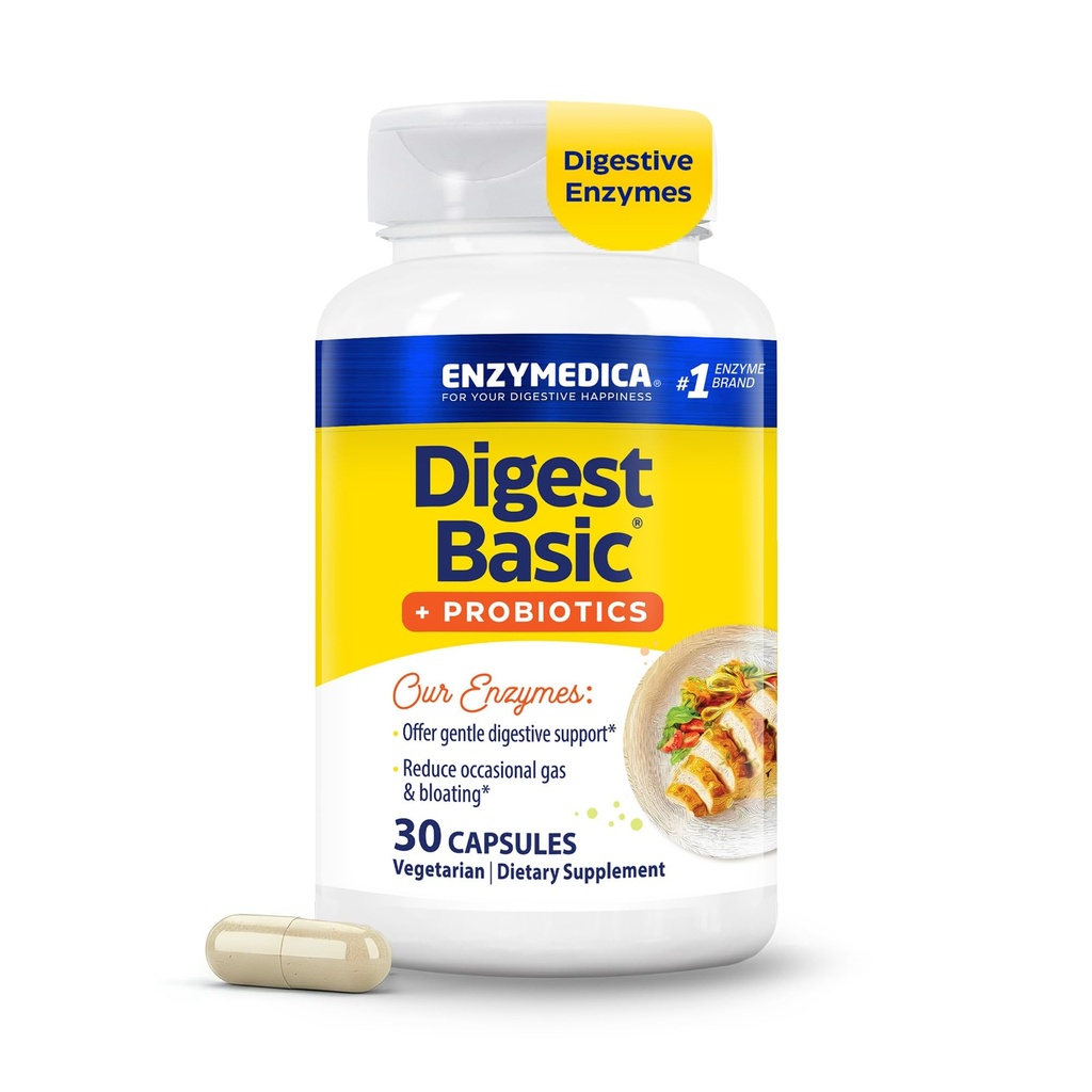 Enzimedica, Digest Basic + Probióticos, Enzimas Digestivas Gentas com 400 milhões de UFC Culturas Ativas por Cápsula, 30 Cápsulas