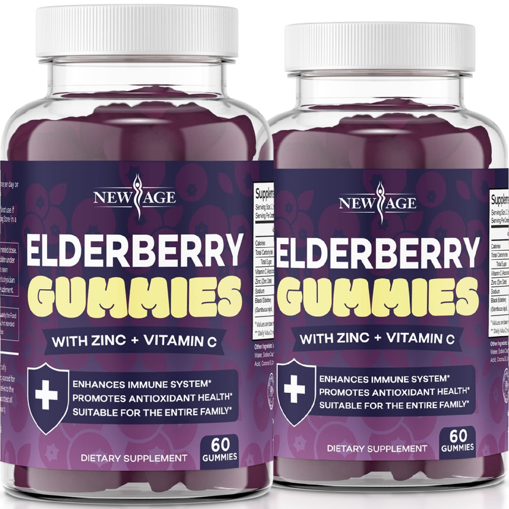 NOVA IDADE (2-Pack) Pastilhas Premium para Adultos Crianças com Vitamina C, Zinco, Própolis - Sambucus Black Elderberry Gummy Extract - Gluten Free & Vegetarian - 120 Gummies