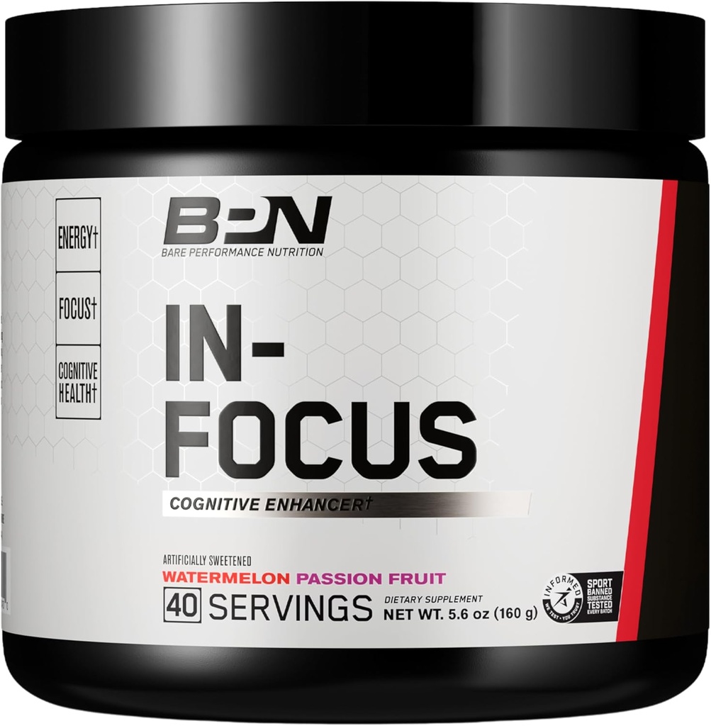 NUTRIÇÃO DE DESEMPENHO BARE, BPN in-Focus Suporte ao Cérebro Suplemento, Melhorar foco e energia, Alpha GPC, Melancia Maracujá, 40 Servings