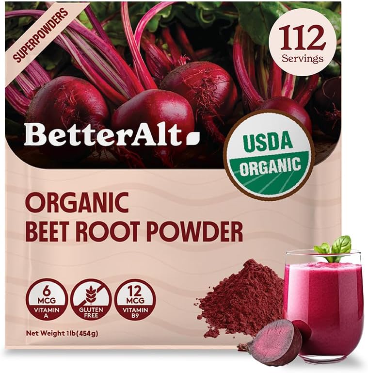 Better Alt Organic Beet Root Powder, USDA Certified - Suplemento de óxido nítrico, Suco de beterraba Superfood para coração saudável, Suplemento de beterraba, Beetroot Powder - 112 Servings, 1 lb