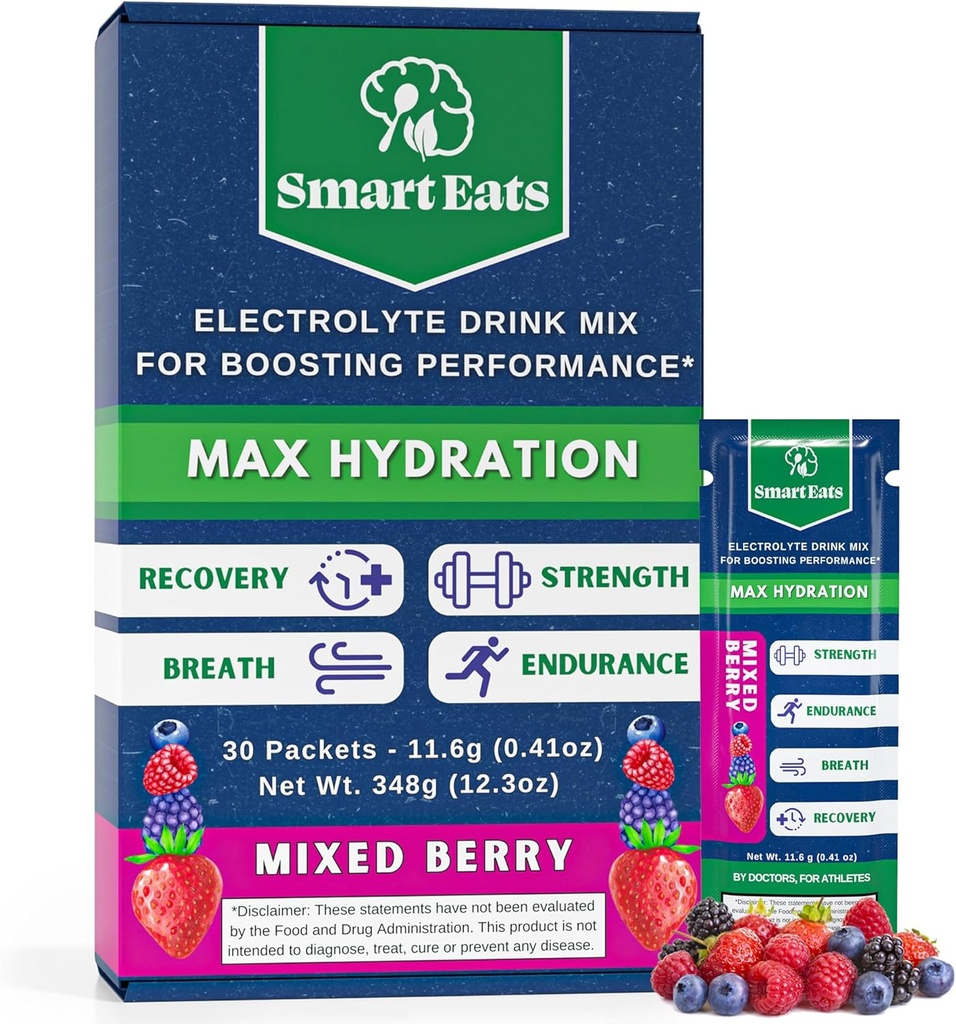 Smart Eats Electrolyte Powder - 1,690mg Eletrólitos, 9 Minerals e Vitaminas Essenciais, 5 Antioxidantes, Hidratação rápida e energizante, Projetado por médicos, < 1 Gram Sugar, Azedo sabor Berry - 30 Packets