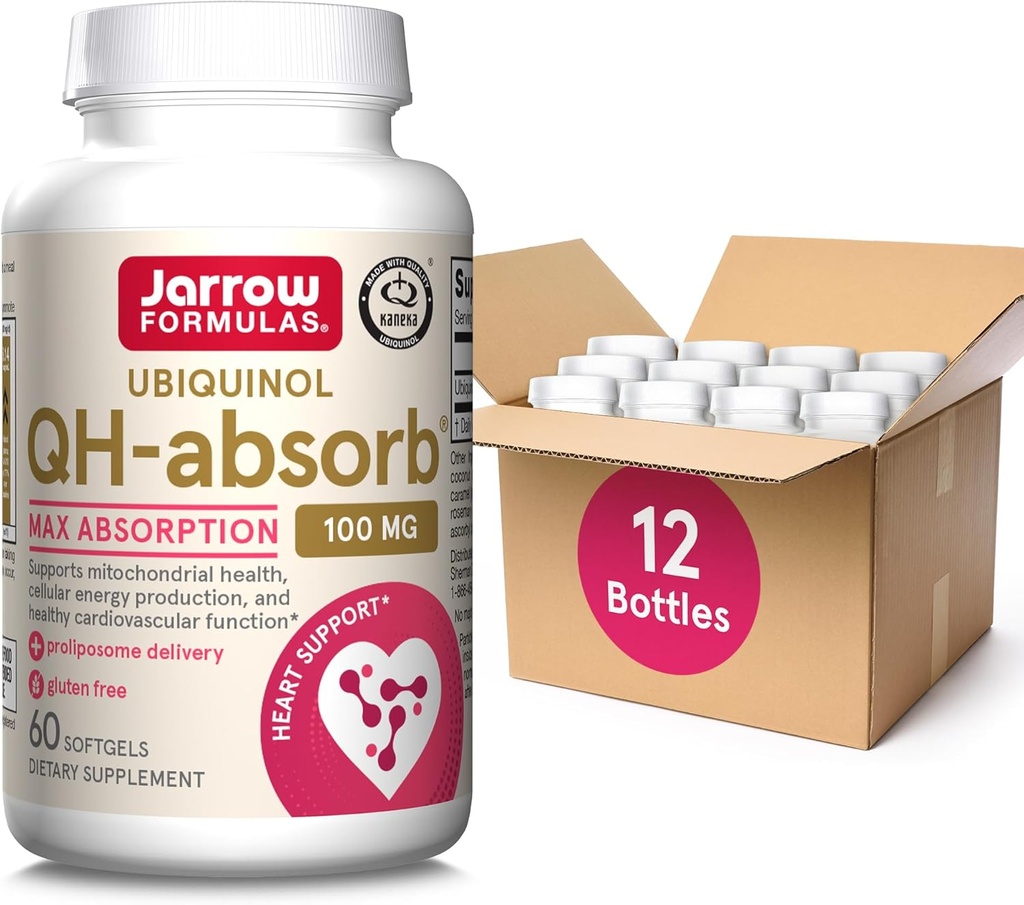 Fórmulas Jarrow QH-Absorb 100 mg Max Absorção- CoQ10 Ubiquinol- Até 60 Servões (Softgels) - Suporta Saúde Mitocondrial, Produção de Energia Celular e Função Cardiovascular Saudável, Pacote de 12