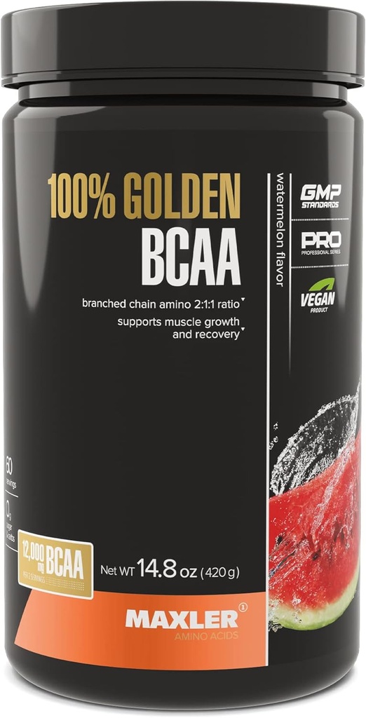 Maxler 100% Golden BCAA Pó - Intra & pós de recuperação de exercícios bebida para recuperação muscular acelerada e crescimento muscular magro - 6 g Vegan BCAAs Aminoácidos - 60 Servings - Melancia