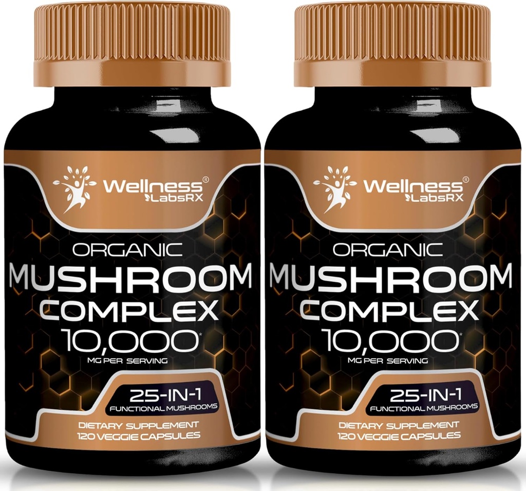 WELLNESS LABSRX Suplemento de Cogumelo Cápsulas 10:1 Extrato, Cápsulas Complexo de Cogumelo 1000mg, Lions Mane Suplemento com Turquia cauda, Cordyceps, Reishi - 2 Embalagem