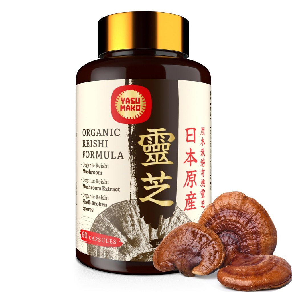 Suplemento japonês de cogumelos Reishi 800mg com extrato de cogumelos Reishi 500mg & Shell-Broken Spores 200mg, Cápsulas de cogumelos orgânicos para Sistema Imune - Corpo Frutado real (Pacote de 1)
