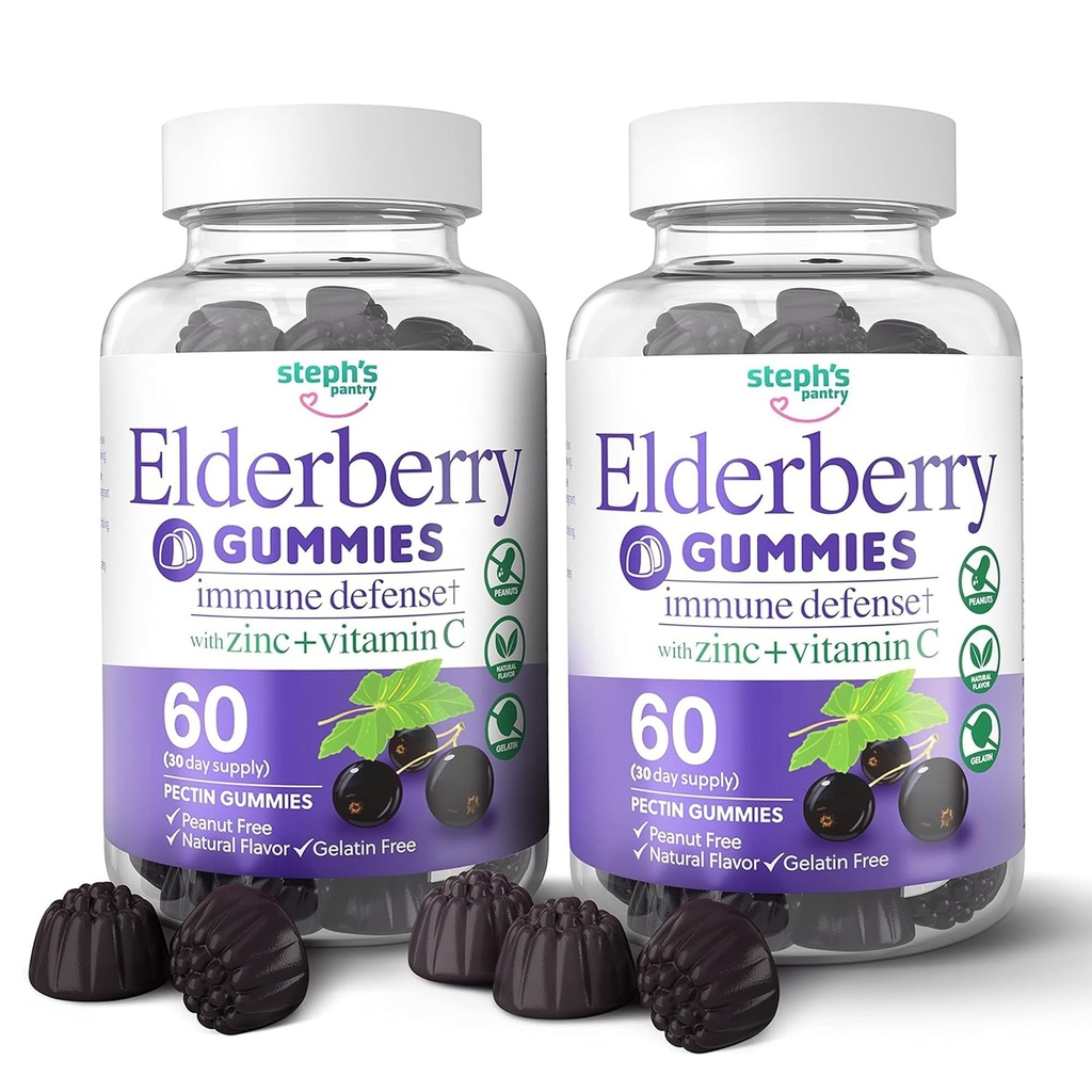 Gummies Elderberry com vitamina C e zinco - Imune Booster Gummies Elderberry para adultos e crianças - Vegan Natural Ingredientes Defesa Multivitamins com Apoio Antioxidante (120 Gummies)