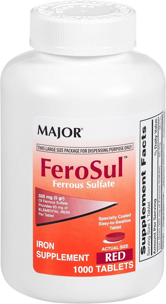 Major FeroSul - Sulfato Ferroso 325 mg Comprimidos - Suplemento de Ferro para Mulheres e Homens - Comprimidos especialmente revestidos de fácil de usar - Vermelho - 1000 Comprimidos