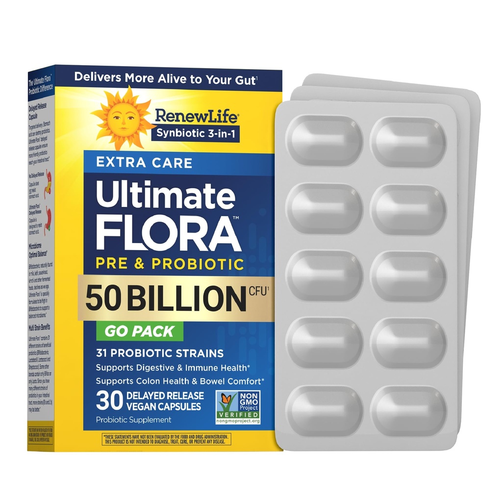 Renew Life Extra Care Go-Pack Probiótico Cápsulas, Suplemento diário Suporta Imune, Saúde Digestiva e Respiratória, L. Rhamnosus GG, Dairy, Soy e sem glúten, 50 bilhões UFC, 30 Ct