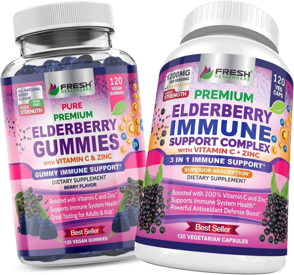SAÚDE FRESCA Elderberry Gummies e Complexo de Apoio Imune Elderberry