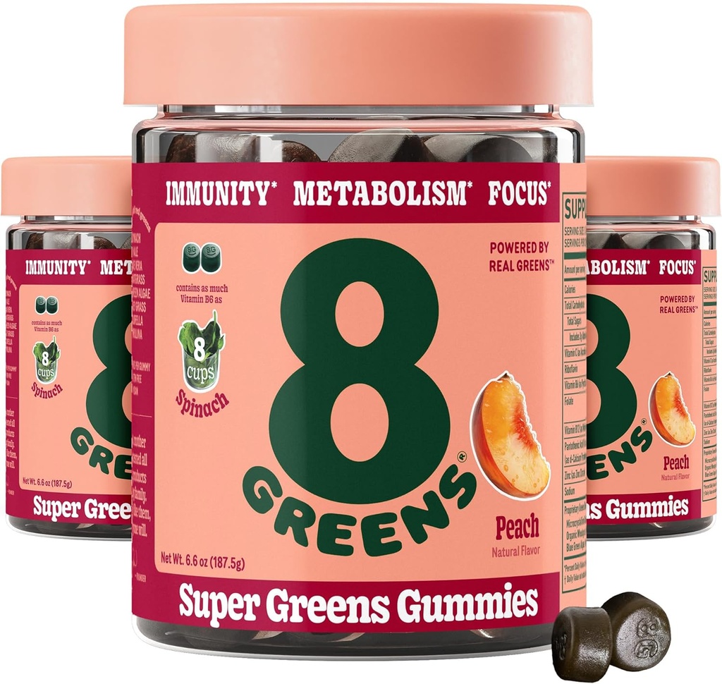 8Greens Supergreens Gummies Super Greens Powder Superfood Gummy para Metabolismo, Imunidade e Foco, Enzimas Digestivas de Saúde, Orgânico: chlorela, espirulina, Aloe Vera, Flavor de pêssego, 150 Conde