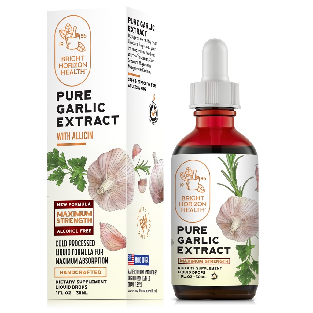 Extrato de Alho Puro – Suplemento de Alícina – Suporte Imune. Fórmula Alcohol-Free, Vegan, Cru, Superalimentos – Liquidos gotas de óleo de alho - 1 fl.oz