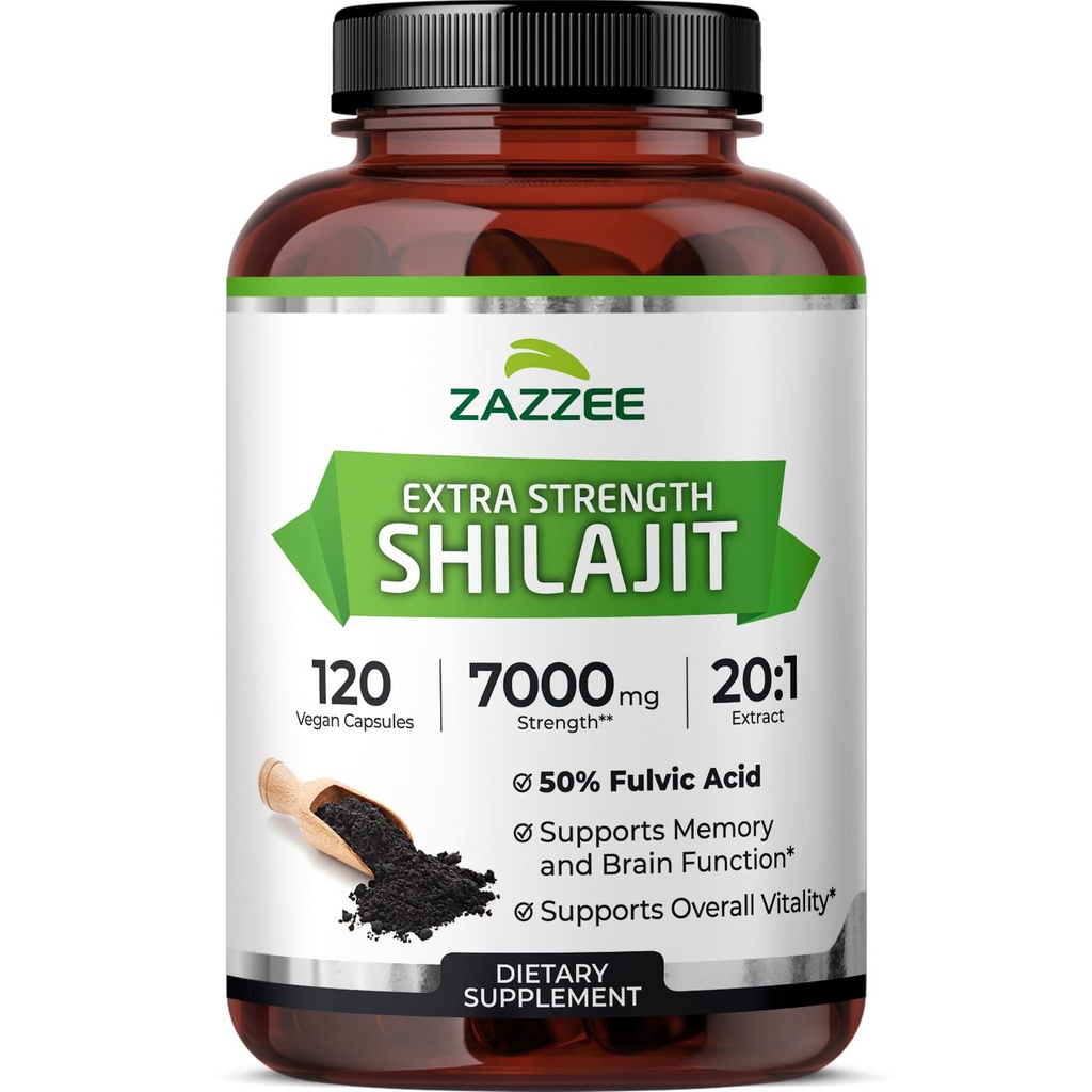 Zazzee 100% puro Himalayan Shilajit 20:1 Extrato, 7000 mg de força por cápsula, 50% de ácido fulvico, 120 Servings por garrafa, 20X de potência, rico em traços minerais, não-GMO, Vegan, Made in the USA