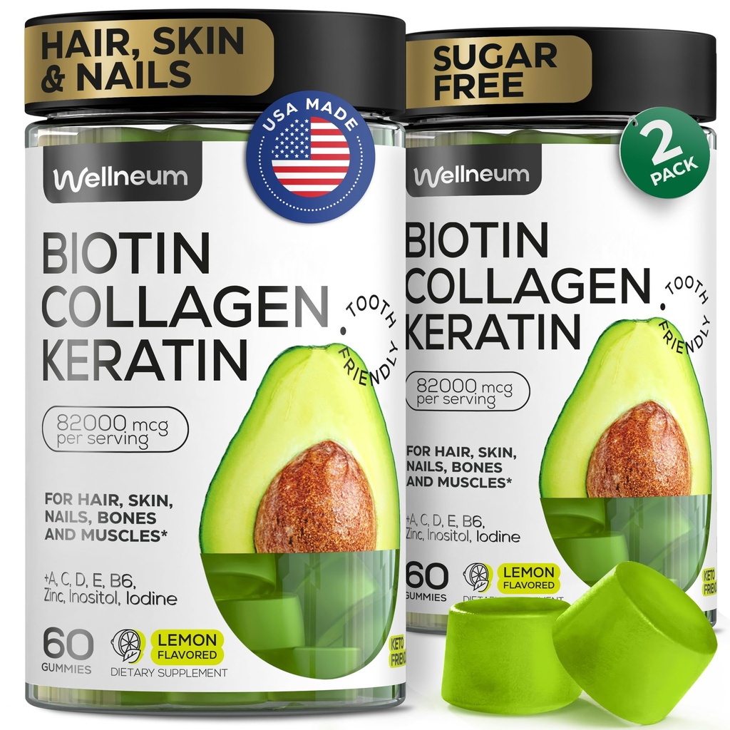 Chicletes de peptídeo de biotina e colagénio para o crescimento do cabelo, pele e unhas 120 Pcs (2 Pack) - 82000 Mcg - mastigações de biotina com queratina Max força - gomas de beleza para mulheres e homens - livre de açúcar, não-GMO