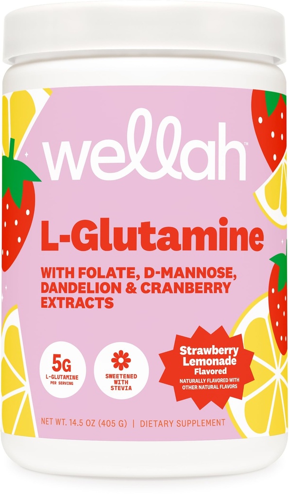 Wellah L-Glutamina Morango Limonada Saboroso (50 Servões) - 5g L-Glutamina Por Serviço, Adoçado com Stevia