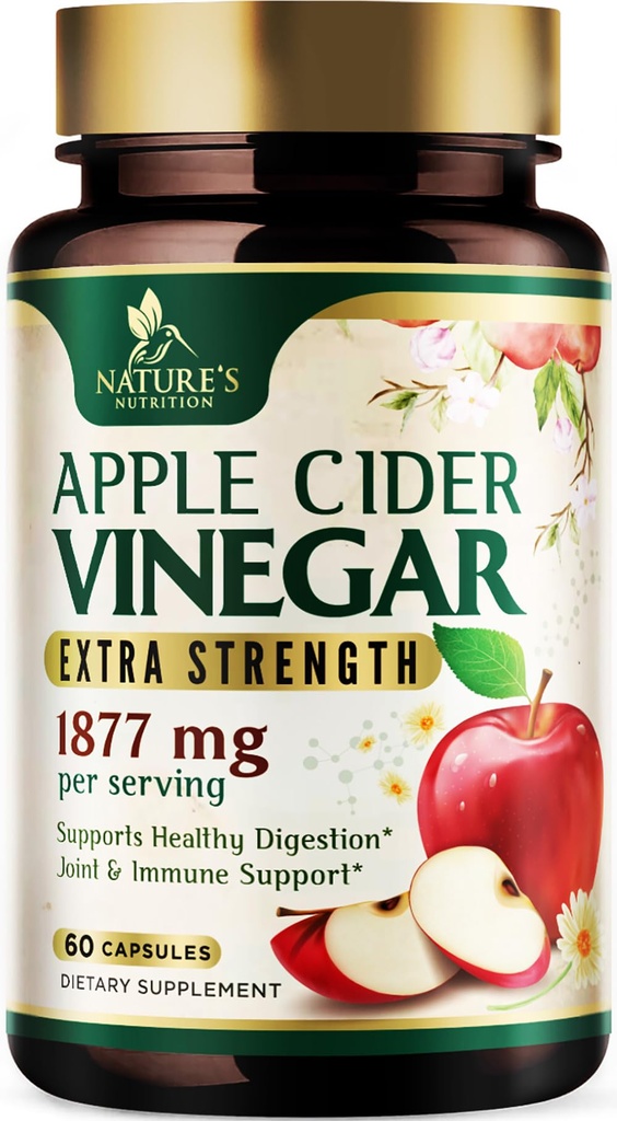 Cápsulas Apple Cider Vinagre 1877mg - Detox e limpeza de força extra com vitamina D & Zinco - Pílulas Premium ACV com Digestão Natural Conjunta e Suporte Imune - Suplemento Vegetariano - 60 Cápsulas