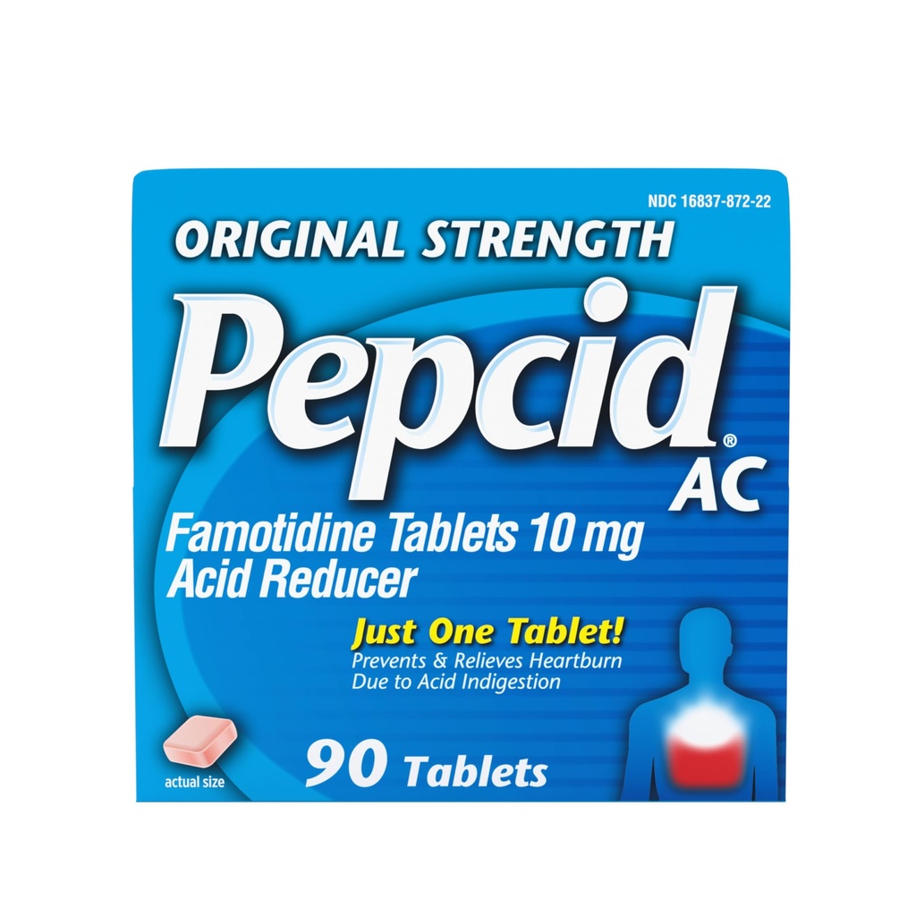 Pepcid AC Força original Azia alívio comprimidos, OTC medicina previne e alivia azia devido à indigestão ácida e estômago azedo, 10mg Famotidina redução de ácido, rápida-ação, 90 ct