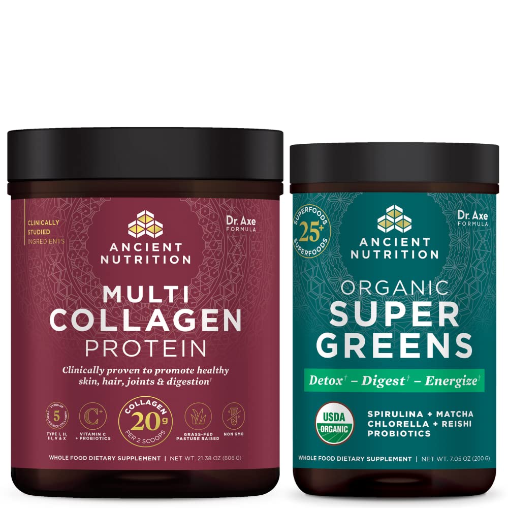 Nutrição antiga Multi Colágeno Proteína Pó, sem sabor, 60 Servings + Supergreens Pó, Greens Sabor, 25 Servings
