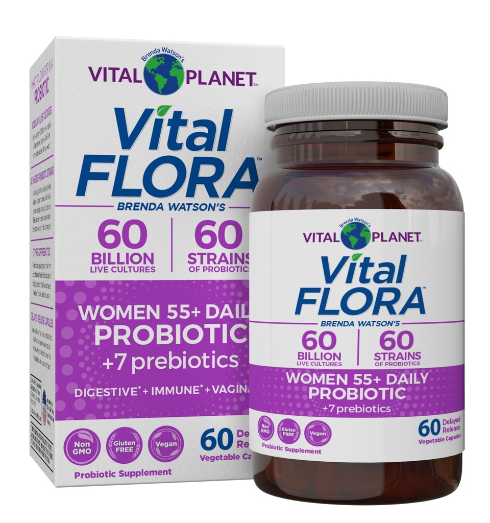 Planeta Vital - Mulheres Flora Vital Mais de 55 Probiótico diário, 60 bilhões de UFC, Strains Diversos, Prebióticos Orgânicos, Suporte Vaginal e Imune, Probióticos Saúde Digestiva para Mulheres 60 Cápsulas