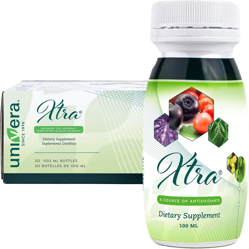 Univera Xtra Minis, Complexo de frutas multiminerais, 15 Ingredientes Naturais, Gestão de Stress, Foco e Claridade, Conforto Conjunto, Proteção Antioxidante - 3.38 Fl Oz (Pacote de 20)