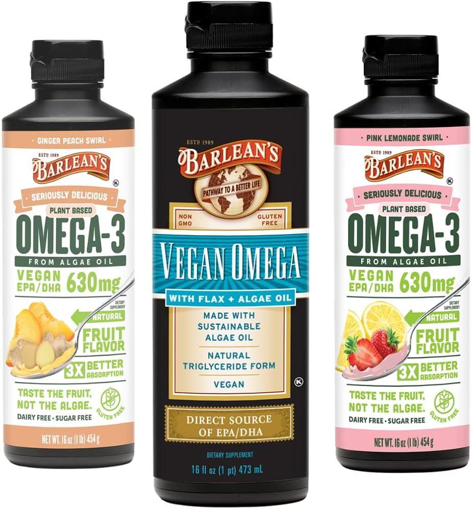 Pacote de suplemento líquido de óleo de algas Vegan Omega 3 de Barlean, inclui mistura de linho e óleo de algas, pêssego de gengibre, e sabores de limonada rosa, EPA e ácido gordo DHA