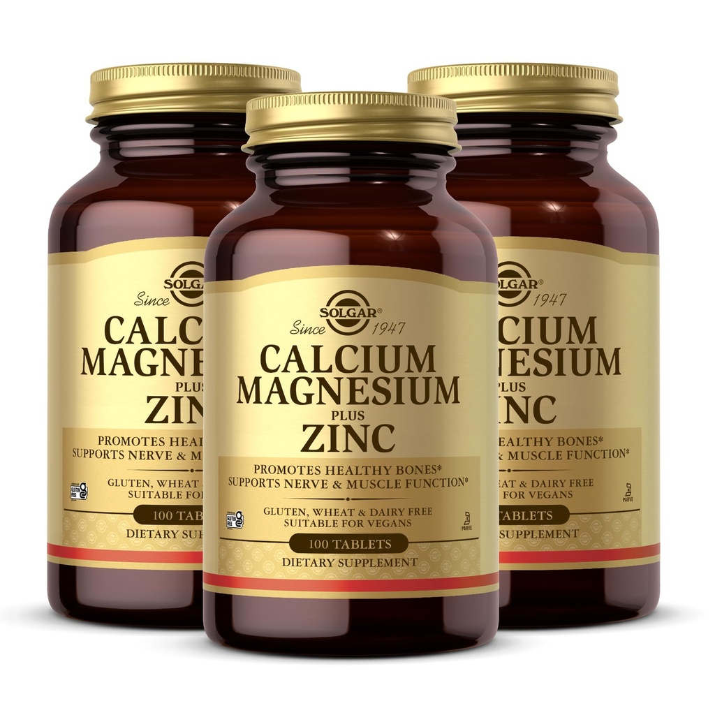 Solgar cálcio Magnésio Plus Zinco, 100 Comprimidos (Pacote de 3) - Promove ossos saudáveis e dentes - Suporta nervos & função muscular - Não-GMO, Vegan, Glúten Livre, Leite Livre, Kosher - 100 Total de serviços