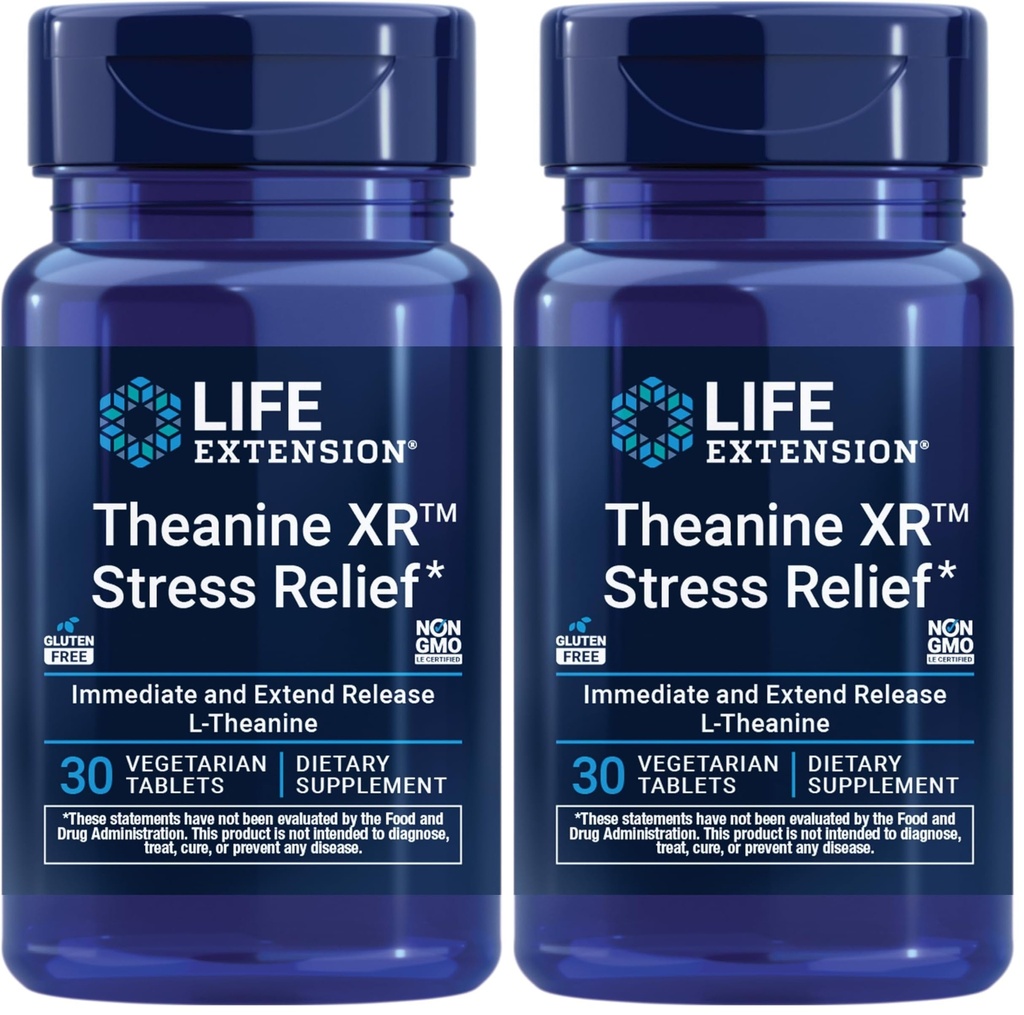 Life Extension Theanine XR™ Stress Relief – L-Theanine – Promotes a Calm Response to Daytime Stress-– Non-GMO,Gluten-Free,Vegetarian-– 30 Tablets,(Pack of 2)
